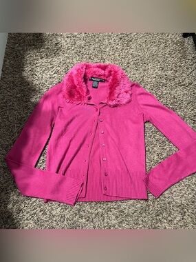 Rampage Hot Pink Faux Fur Collar Cardigan
